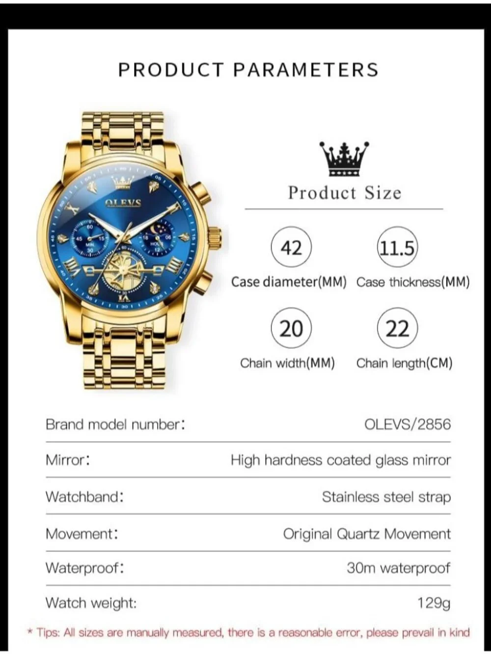 Men's Gold-Blue Stainless Steel Waterproof Big Face Multifunction Wrist Watch